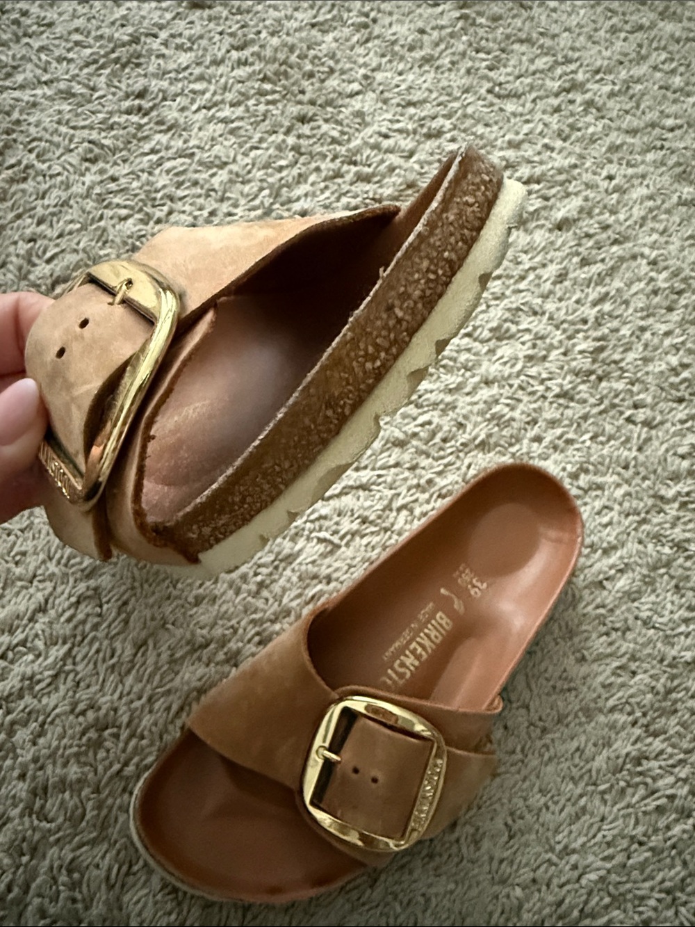 Madrid Birkenstock Brown Leather Single-Strap Slides with Gold Buckles - Picture 3 of 5